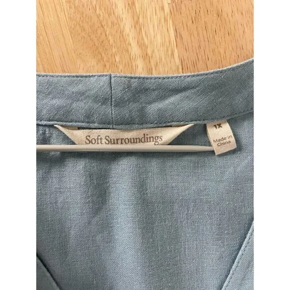 Soft Surroundings Women's Plus Size 1X Blue Tunic Top Embroidered Linen Blend - Picture 4 of 6